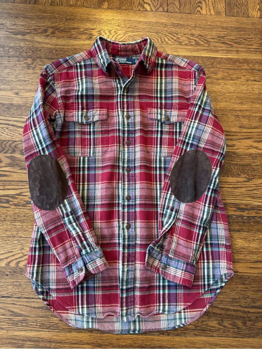 Polo Ralph Lauren Shirt Mens Large Red Plaid Elbow Patch Flannel Western Pockets
